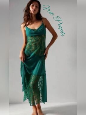 Free People Intimately Retro Romance Teal Lace Overlay Slip Dress Size M NWT